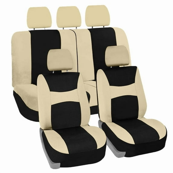 FH Group Car Seat Covers Light & Breezy Flat Cloth, Full Set w/ Carpet Floor Mats With Colored Trim