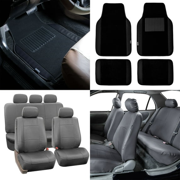 FH Group Car Seat Covers PU Leather for Auto, Full Set with Carpet Floor Mats, Gray