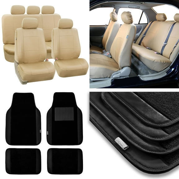 FH Group Car Seat Covers PU Leather for Auto, Full Set with Carpet Floor Mats, Tan
