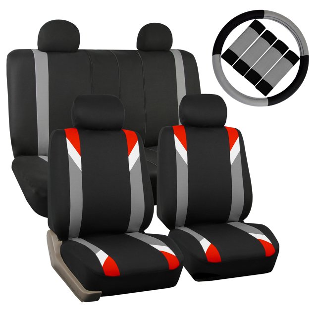FH Group Car Seat Covers Premium Modernistic for Sedan, SUV, Van, Full Set w/ Steering Cover & Belt Pads, Red Black