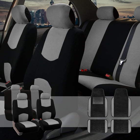 FH Group Car Seat Covers Set for Auto 4 Headrests Black Gray with Carpet Floor Mat