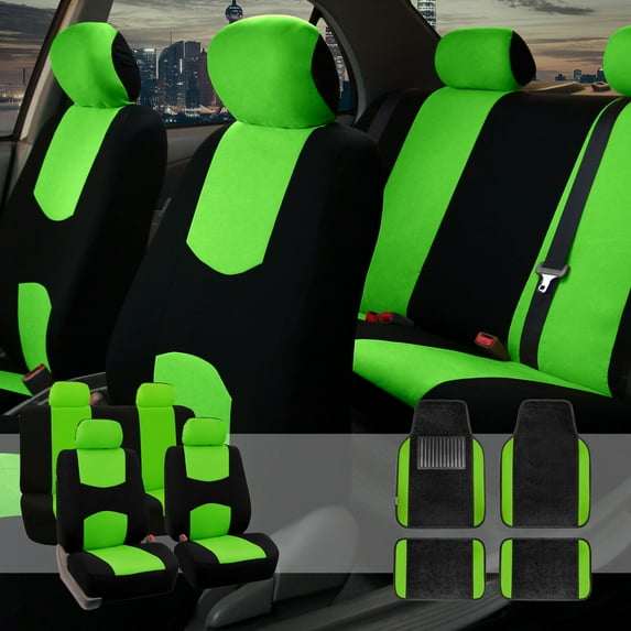 FH Group Car Seat Covers Set for Auto 4 Headrests Black Green with Carpet Floor Mat