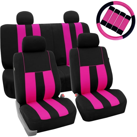 FH Group Car Seat Covers Striking Striped for Sedan, SUV, Van, Full Set w/ Steering Cover & Belt Pads, Pink Black