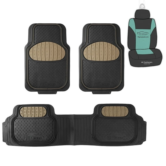 FH Group Climaproof Rubber Beige Car Floor Mats, Universal Fit 3pc Full Set with Air Freshener
