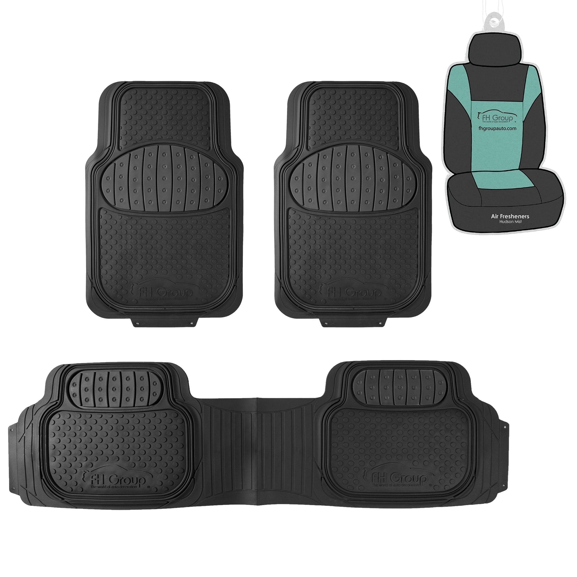 FH Group Climaproof Rubber Black Car Floor Mats, Universal Fit 3pc Full Set with Air Freshener