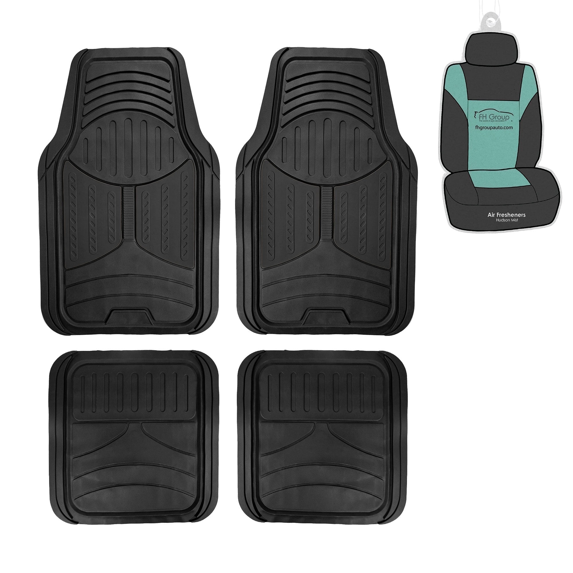 FH Group Climaproof Rubber Black Car Floor Mats, Universal Fit 4pc Full Set with Air Freshener