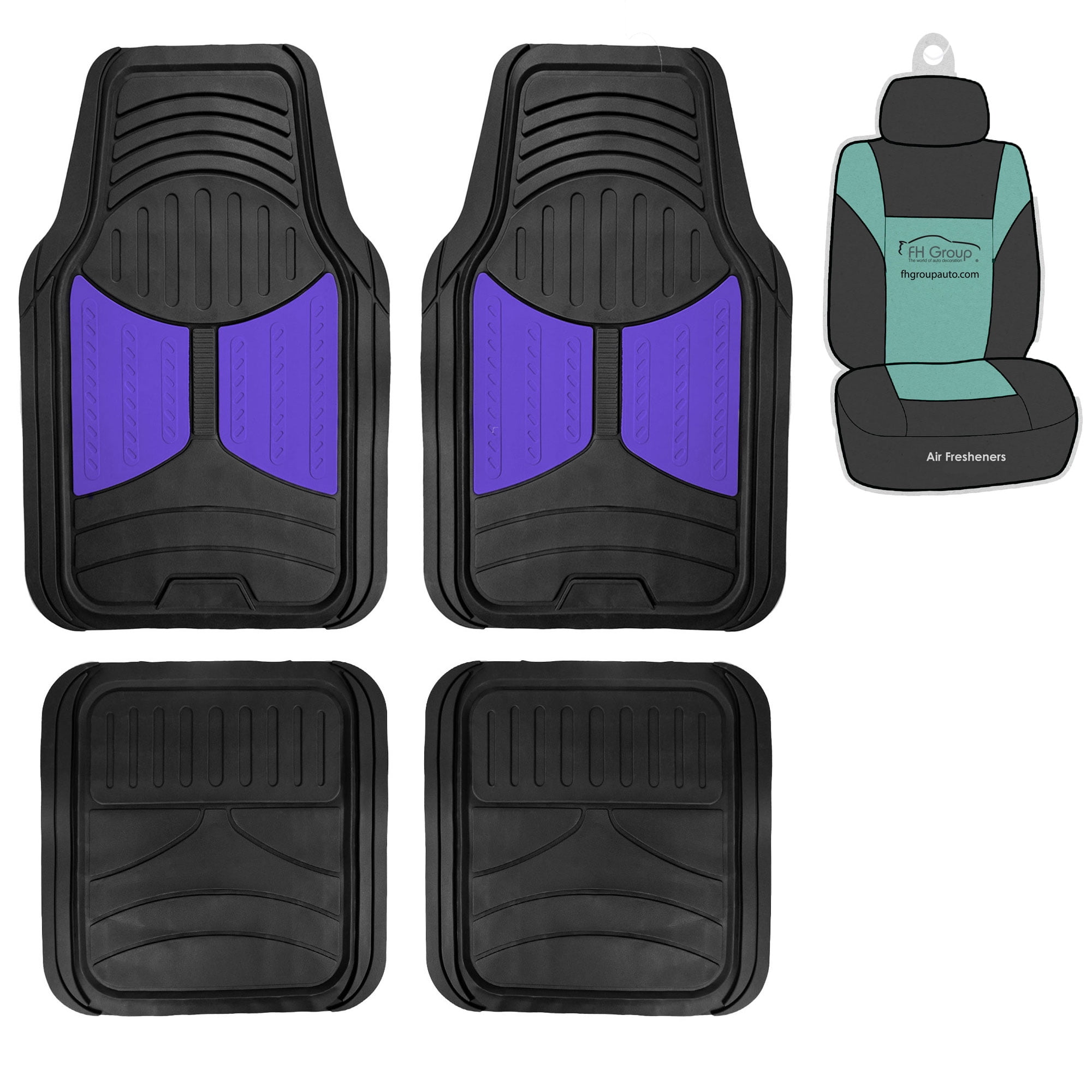 FH Group Climaproof Rubber Blue Car Floor Mats, Universal Fit 4pc Full Set with Air Freshener