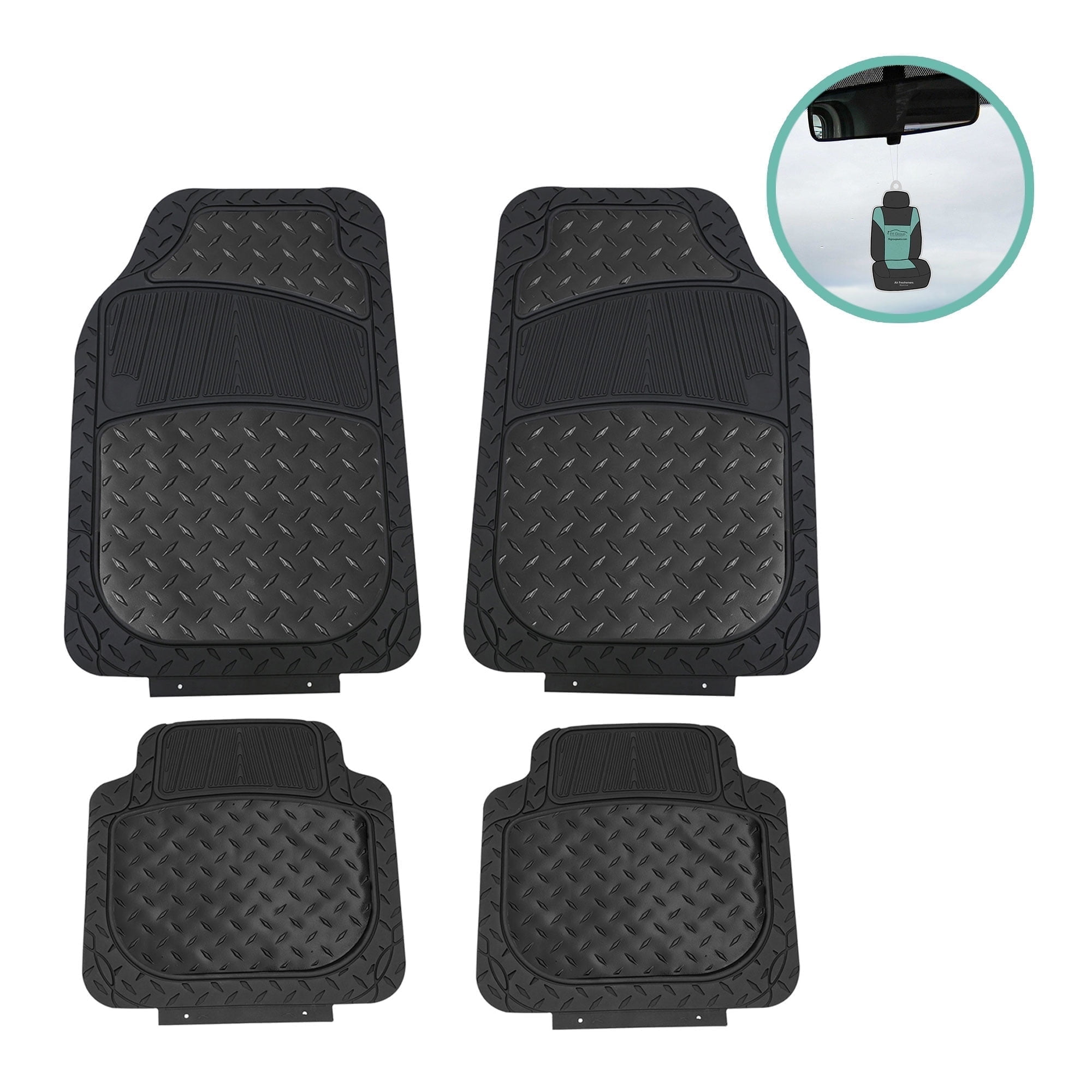 FH Group Climaproof Rubber Car Floor Mat, Universal 4pc Black Floor Mats with Air Freshener