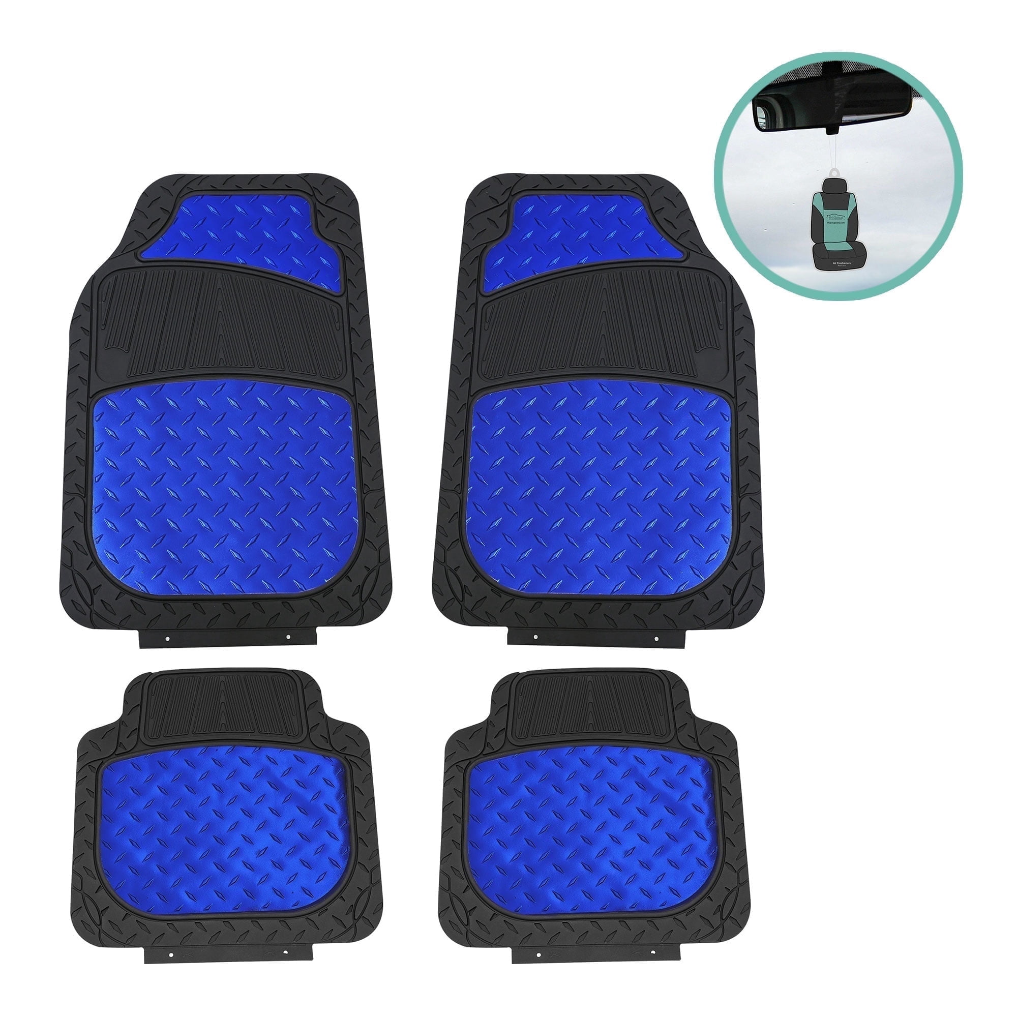 FH Group Climaproof Rubber Car Floor Mat, Universal 4pc Blue Floor Mats with Air Freshener