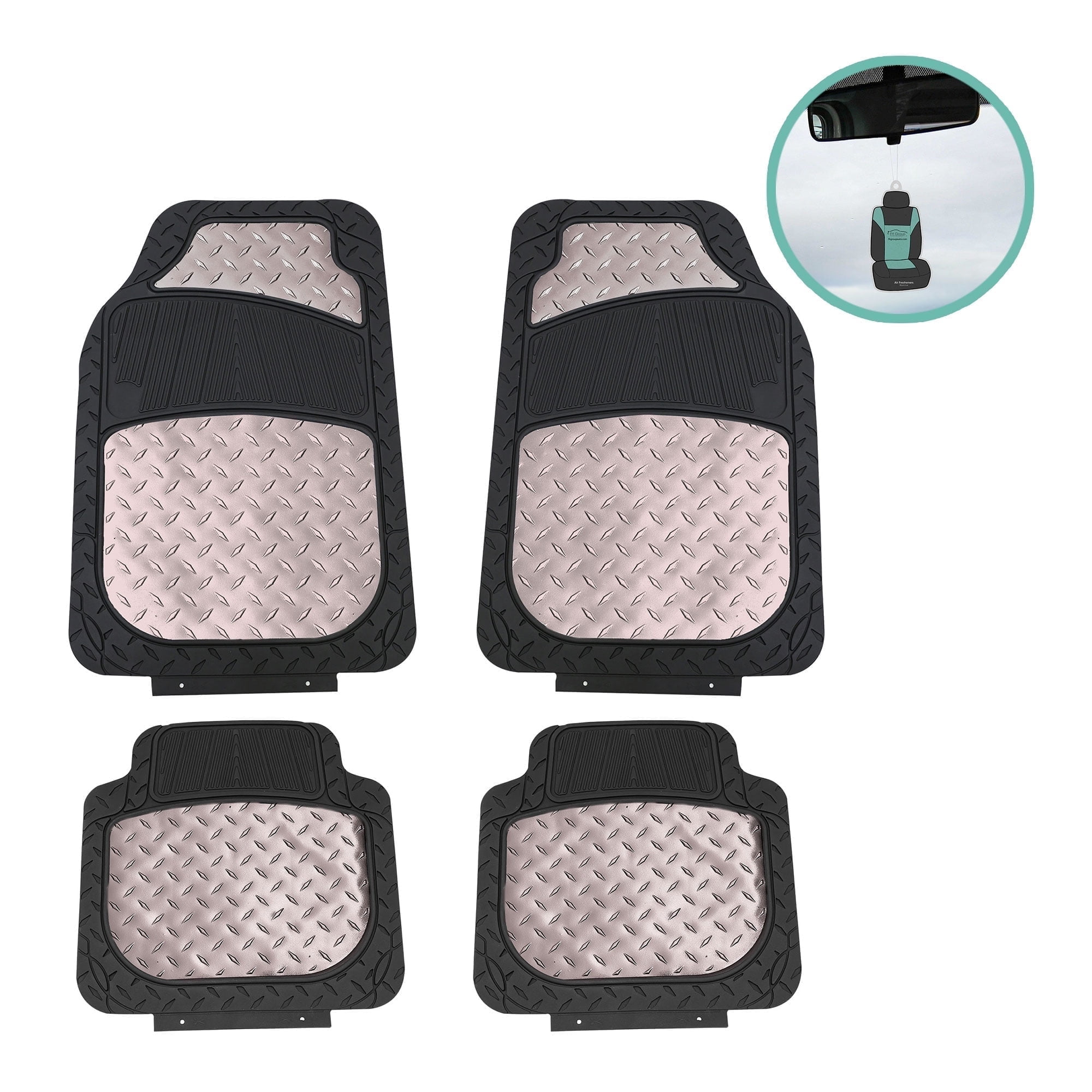 FH Group Climaproof Rubber Car Floor Mat, Universal 4pc Gray Floor Mats with Air Freshener