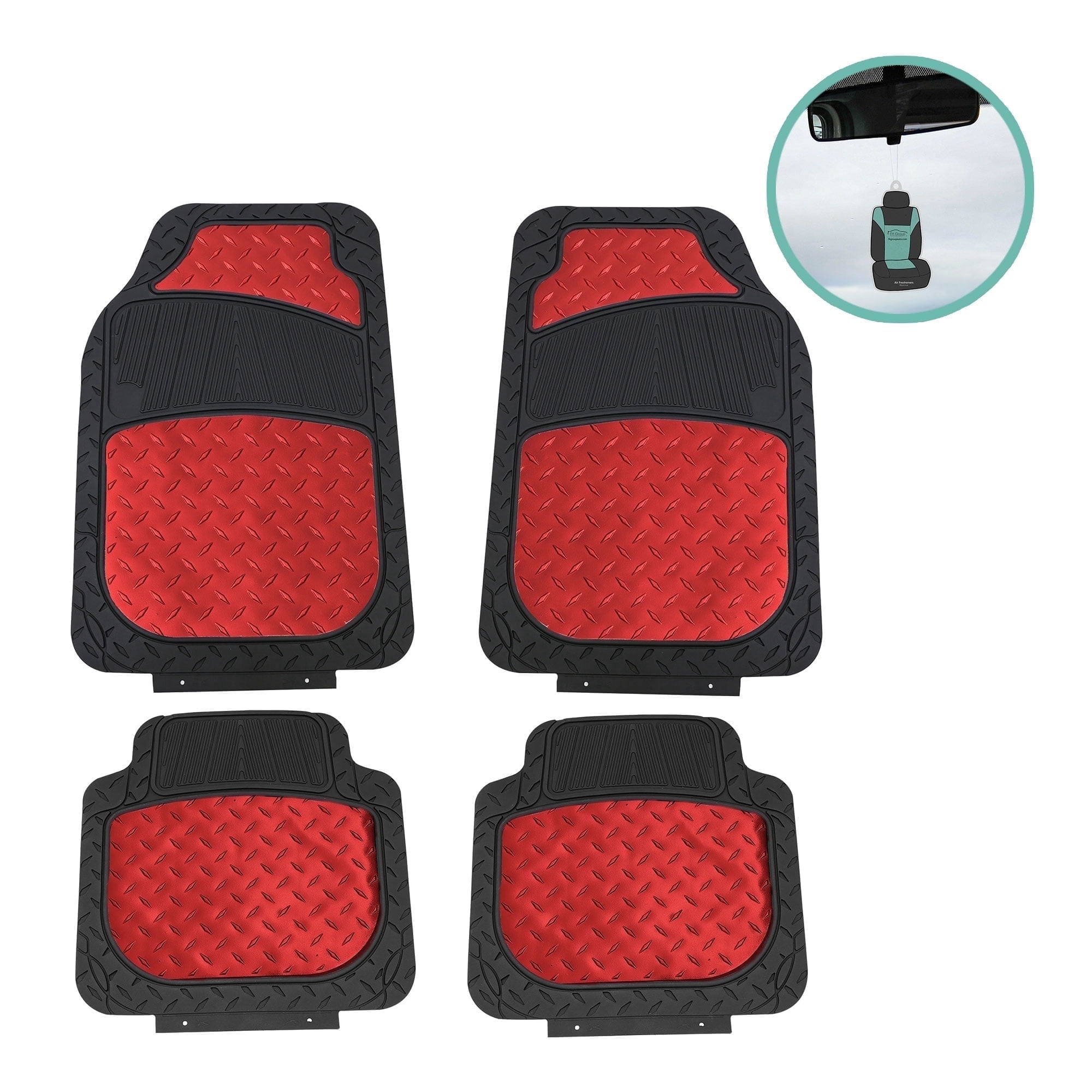 FH Group Climaproof Rubber Car Floor Mat, Universal 4pc Red Floor Mats with Air Freshener