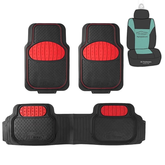 FH Group Climaproof Rubber Red Car Floor Mats, Universal Fit 3pc Full Set with Air Freshener