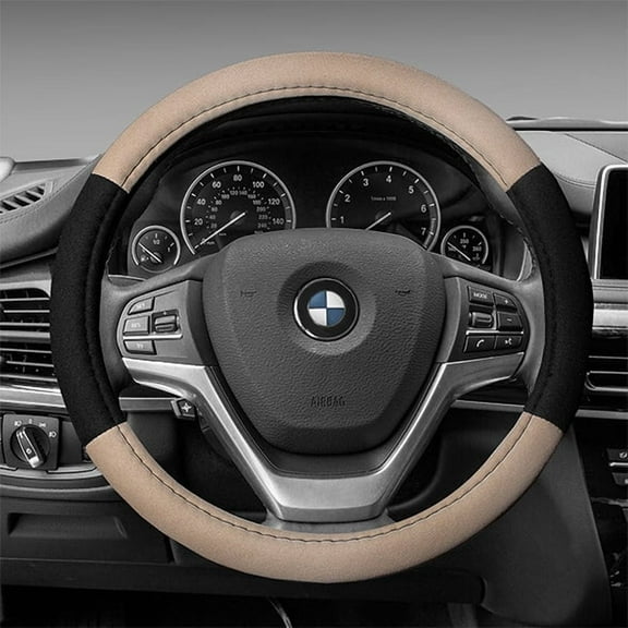 FH Group Cloth Car Steering Wheel Cover for Sedan, SUV, Van, Fits 14.5" - 15.5" - Beige/Black