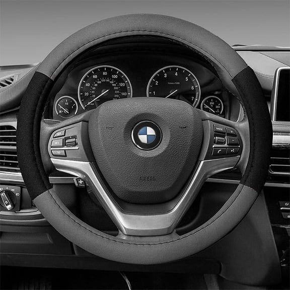 FH Group Cloth Car Steering Wheel Cover for Sedan, SUV, Van, Fits 14.5" - 15.5" - Gray/Black