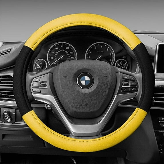 FH Group Cloth Car Steering Wheel Cover for Sedan, SUV, Van, Fits 14.5" - 15.5" - Yellow/Black