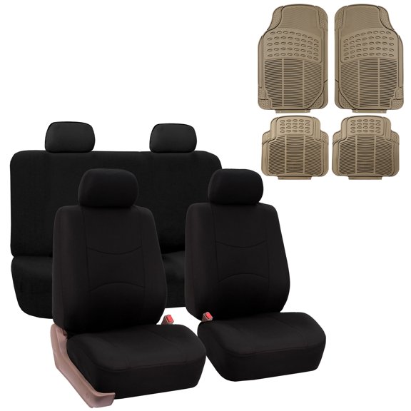 FH Group Universal Fit Cloth Car Seat Covers for SUV Truck Van, Solid Bench w/ Beige Floor Mats