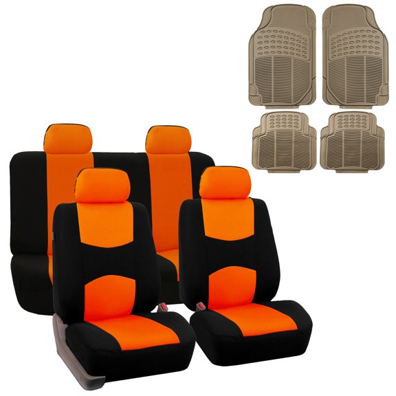 FH Group Universal Fit Cloth Car Seat Covers for SUV Truck Van, Solid Bench w/ Beige Floor Mats