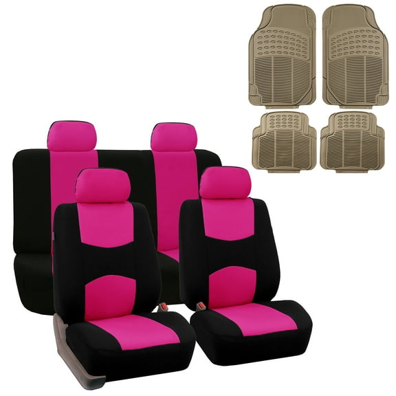 FH Group Universal Fit Cloth Car Seat Covers for SUV Truck Van, Solid Bench w/ Beige Floor Mats