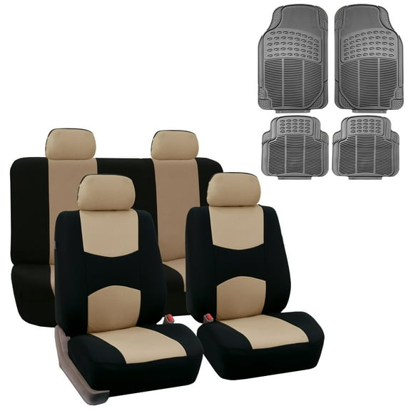 FH Group Cloth Solid Bench Seat Cover, Full Set with Gray Heavy Duty Floor Mats, Beige Black