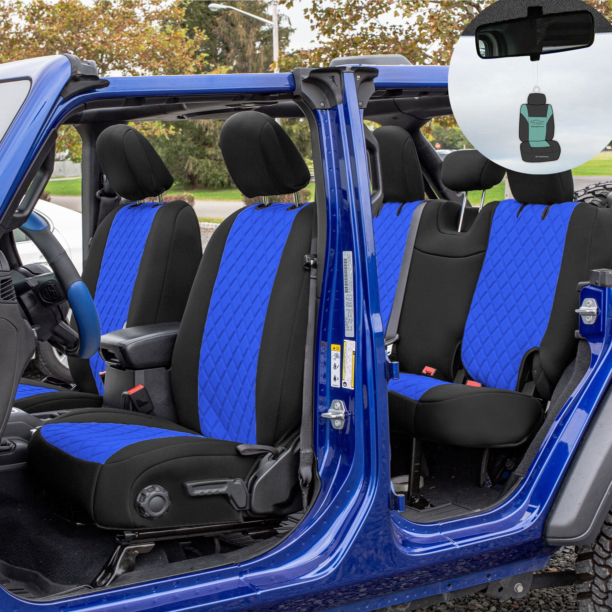 FH Group Custom Fit Car Seat Cover for 2018 2023 Jeep Wrangler JL Blue Full Set Neoprene Seat Covers with Air Freshener