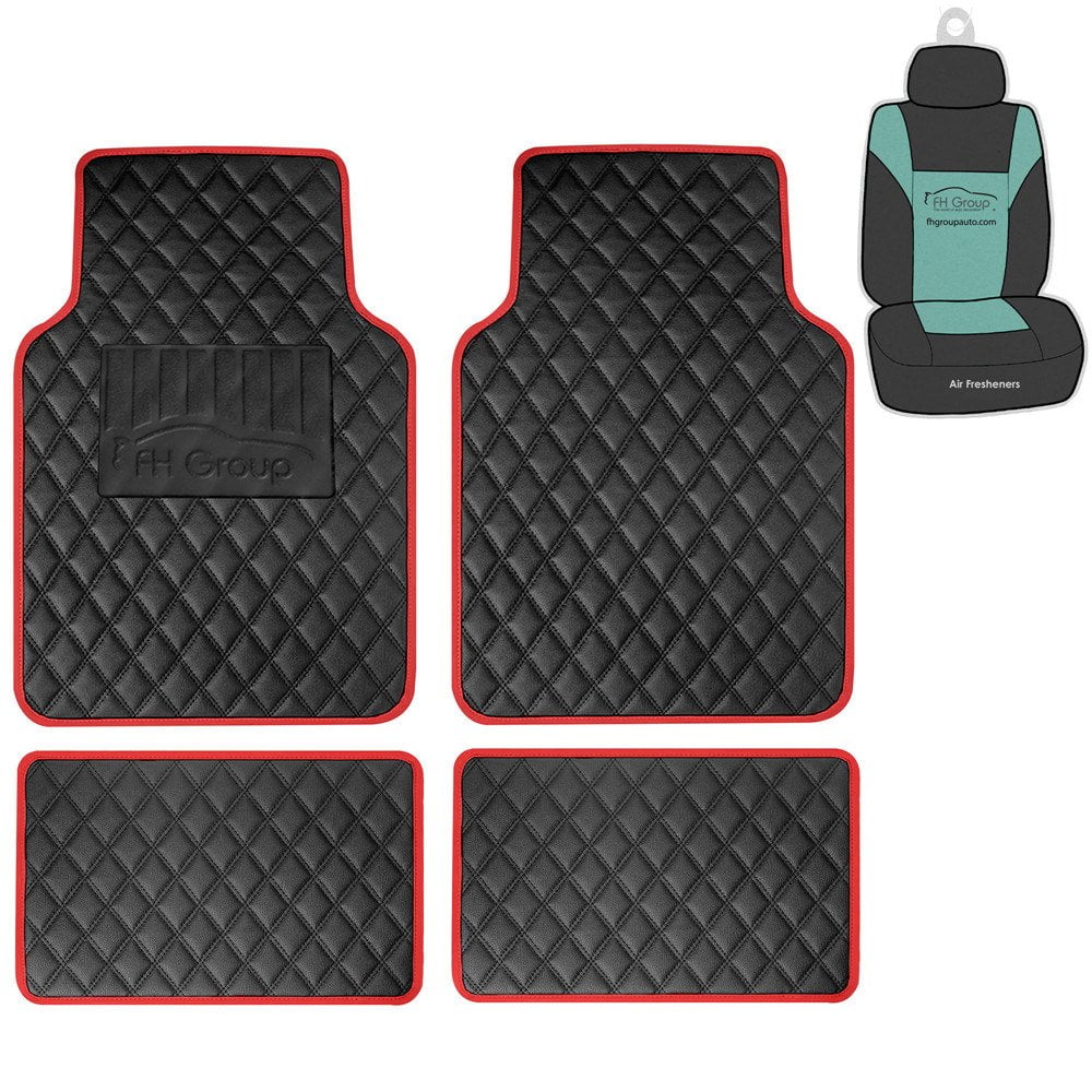 FH Group Deluxe Faux Leather Car Floor Mats Full Set with Bonus Air Freshener Red
