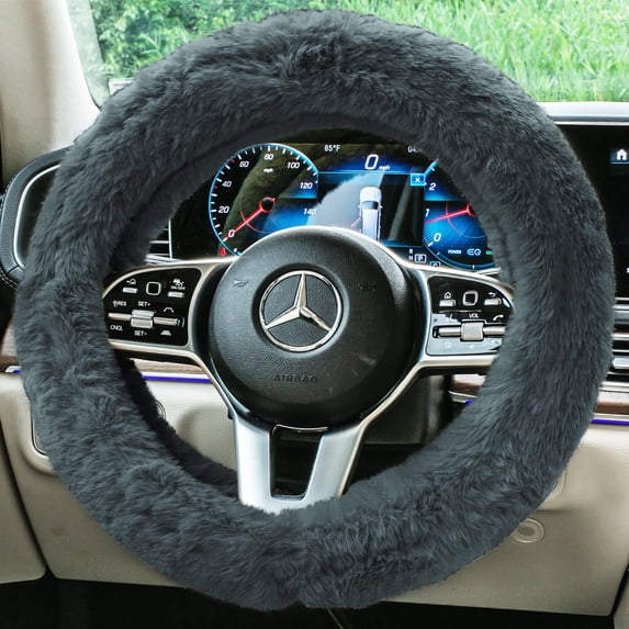 FH Group Cozy Soft Fluffy Fuzzy Universal Fit 14.5"-15.5" Plush Doe16 Faux Fur Steering Wheel Cover for Car, SUV, Van, Truck - Gray