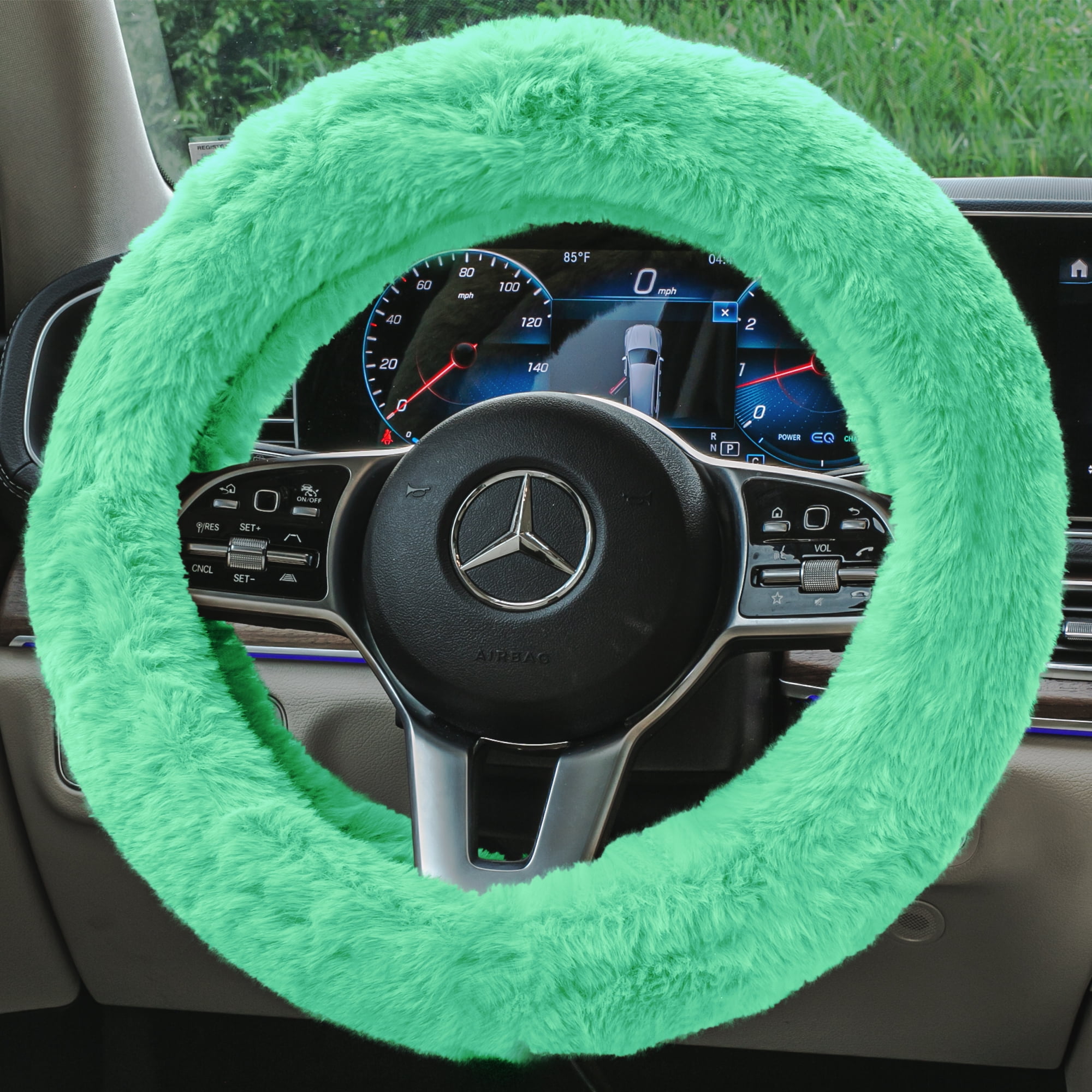 Black and White Fluffy Shaggy Faux Fur Steering Wheel Cover faux