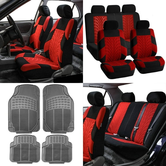 FH Group FH Travel Master Car Seat Covers for Auto Complete Seat Covers Set with 4PCS with Gray Floor Mats Red Black