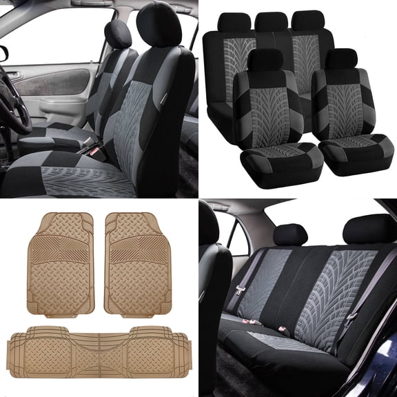 FH Group FH Travel Master Car Seat Covers for Auto Complete Seat Covers Set with Beige Heavy Duty Floor Mats Gray Black
