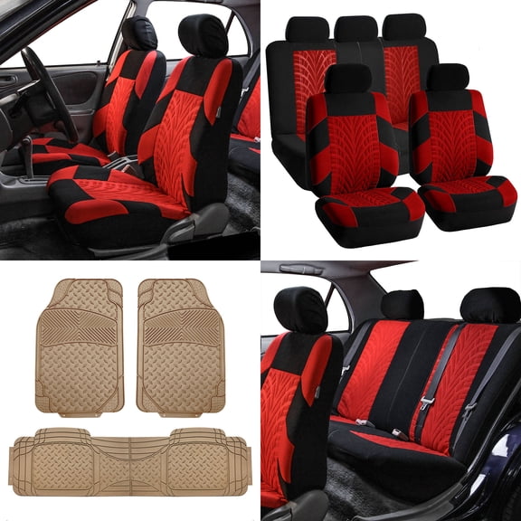 FH Group FH Travel Master Car Seat Covers for Auto Complete Seat Covers Set with Beige Heavy Duty Floor Mats Red Black