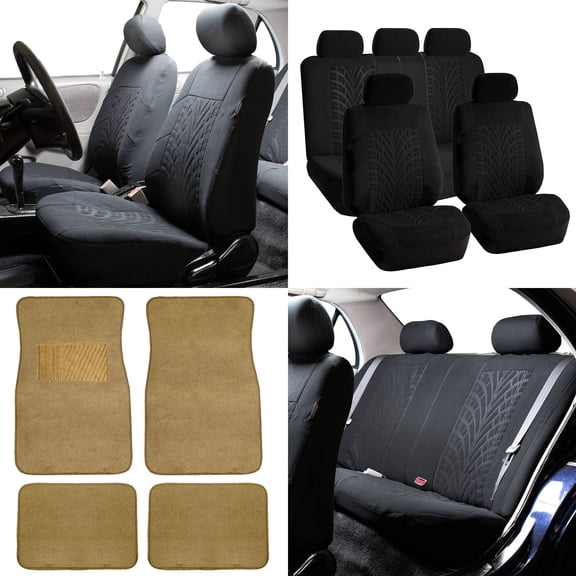 FH Group FH Travel Master Car Seat Covers for Auto Complete Seat Covers Set with Beige Premium Carpet Floor Mats Black