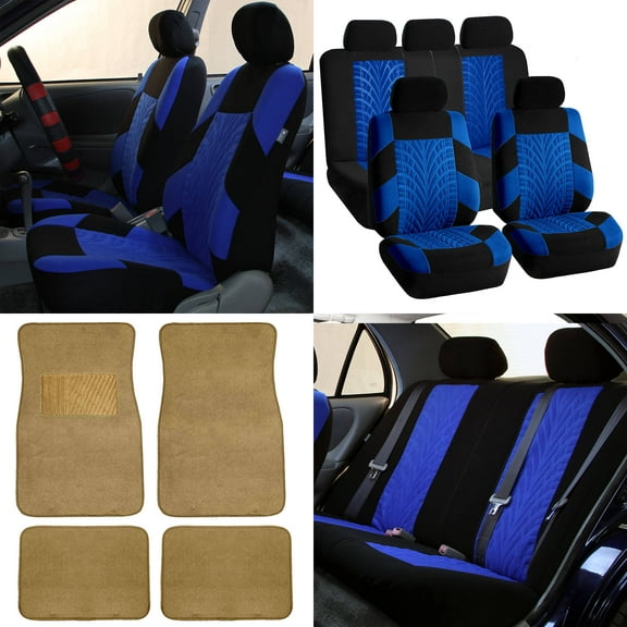 FH Group FH Travel Master Car Seat Covers for Auto Complete Seat Covers Set with Beige Premium Carpet Floor Mats Blue Black