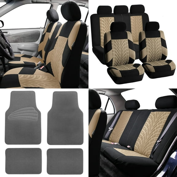FH Group FH Travel Master Car Seat Covers for Auto, Complete Seat Covers Set with Gray Carpet Floor Mats, Beige Black