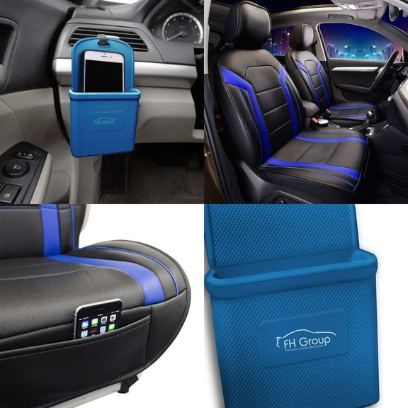 FH Group, Faux Leather Seat Covers Cushion Pad Front Bucket Blue w/Phone Holder