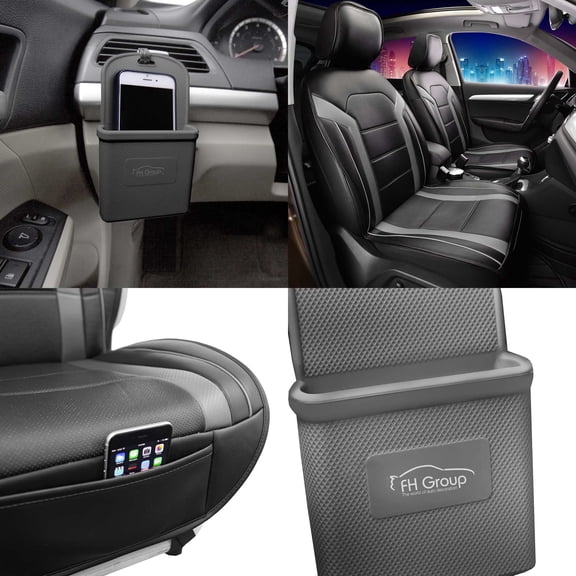 FH Group, Faux Leather Seat Covers Cushion Pad Front Bucket Gray w/Phone Holder