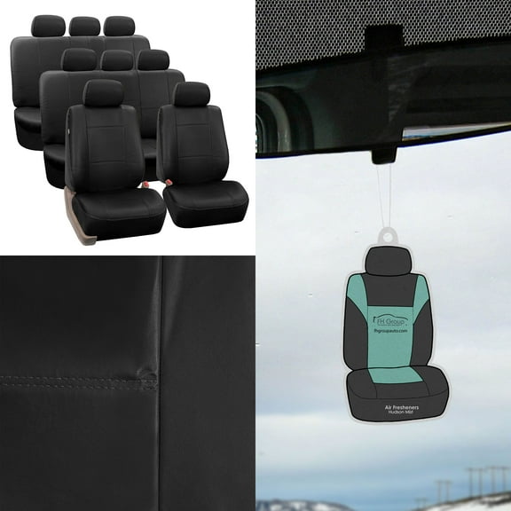 FH Group Faux Leather Split Bench 8 Seaters Car Van Seat Covers, Full Set w/ Free Air Freshener, Black