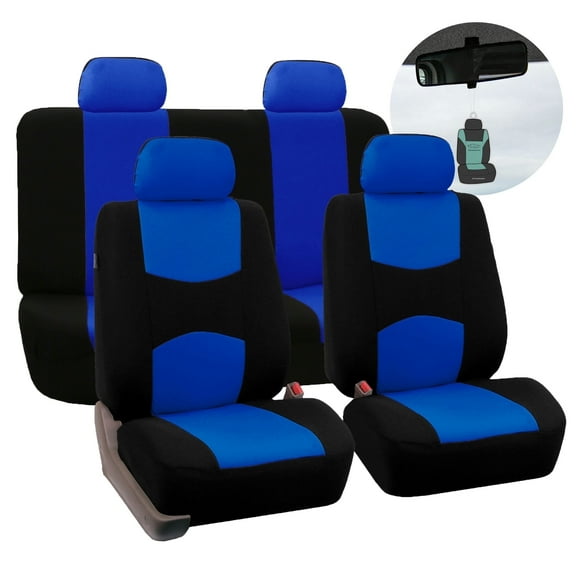 FH Group Flat Cloth Car Seat Cover, Universal Blue Full Set Seat Covers with Air Freshener