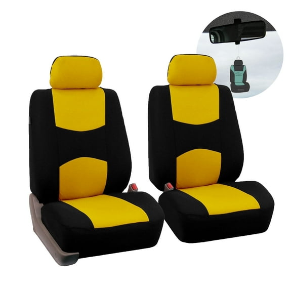 FH Group Flat Cloth Car Seat Cover, Universal Yellow Front Set Seat Covers with Air Freshener
