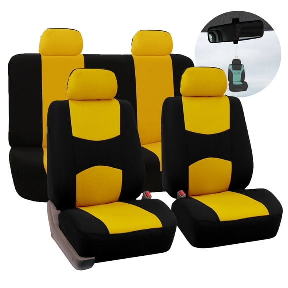 FH Group Flat Cloth Car Seat Cover, Universal Yellow Full Set Seat Covers with Air Freshener