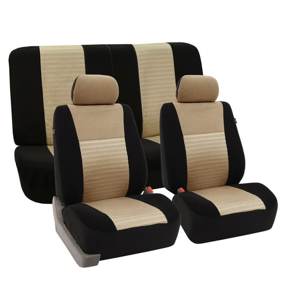 FH Group Full Interior Set Beige Seat Covers for Auto w/ Gray Rubber Floor Mats