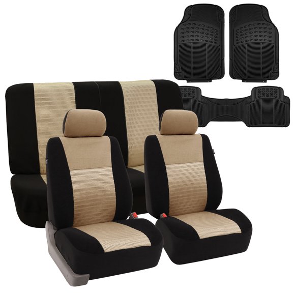 FH Group Full Interior Set Beige Seat Covers for Auto w/ Black Rubber Floor Mats
