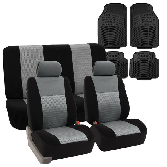 FH Group Full Interior Set Gray Seat Covers for Auto w/ Black Floor Mats Combo