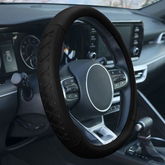FH Group Genuine Leather Lace-Up Steering Wheel Cover - Black