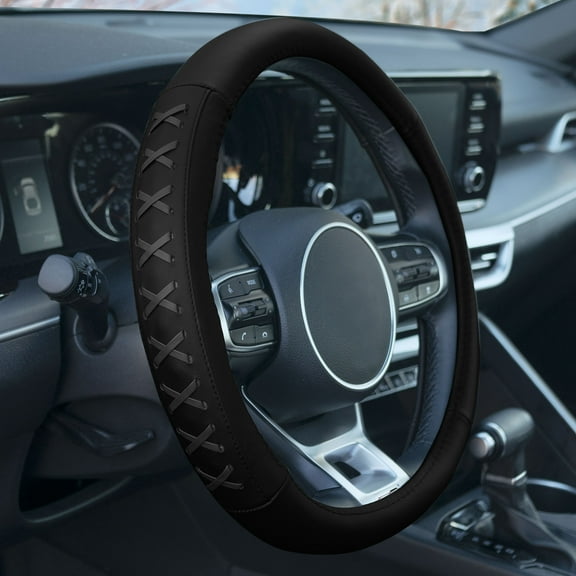 FH Group Genuine Leather Lace-Up Steering Wheel Cover - Gray