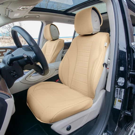 FH Group Grande70 Luxe Faux Leather Universal Car Seat Covers w Sleek Pattern Fit for Cars, Trucks, SUVs or Van – Beige Front Seats