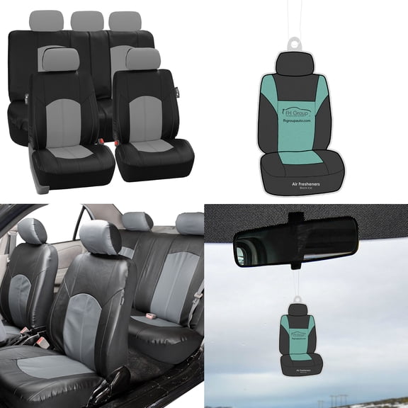 FH Group, Gray Black Deluxe Leather Seat Covers Full Set w/ Free Air Freshener, Airbag Compatible / Split Bench Covers