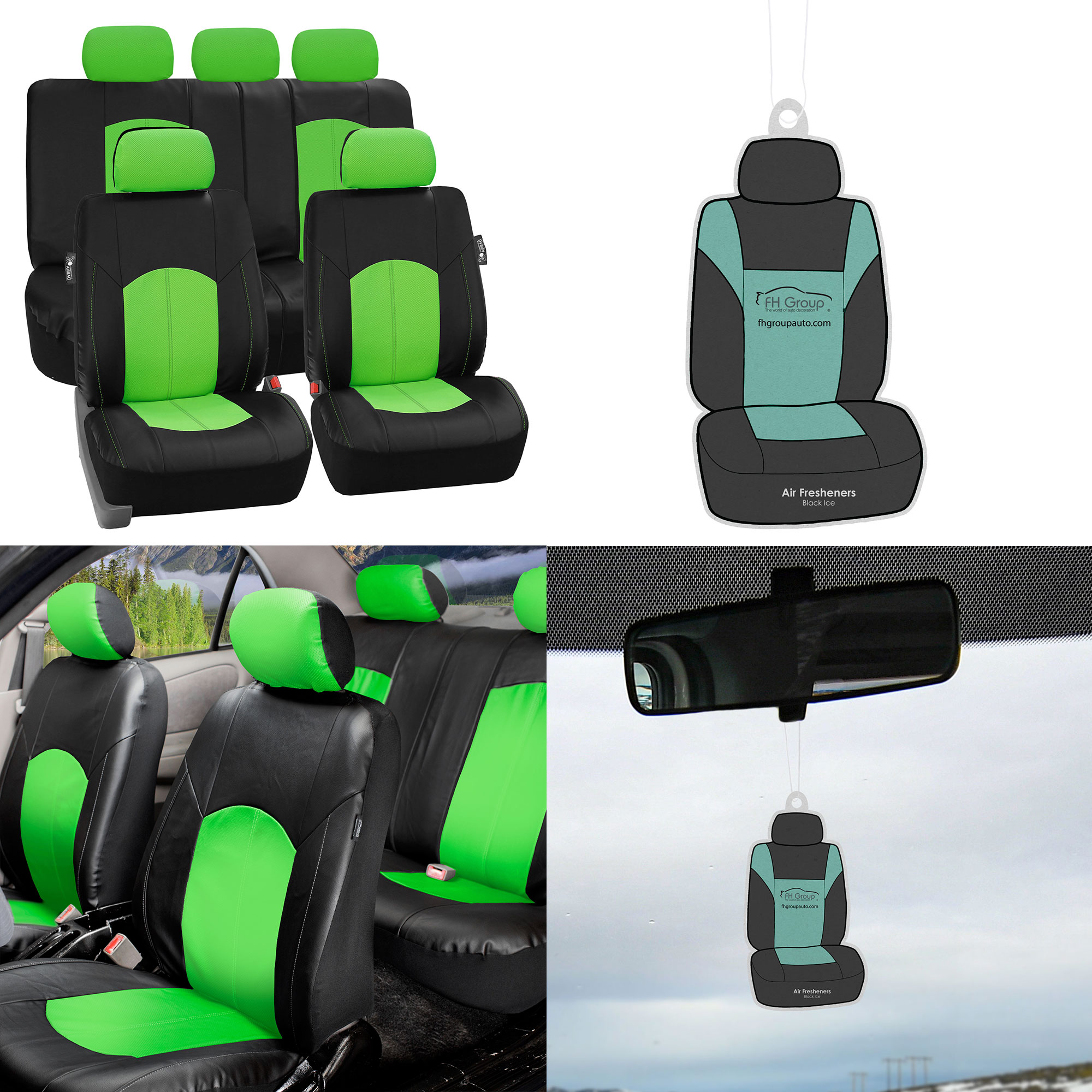 FH Group, Green Black Deluxe Leather Seat Covers Full Set w/ Free Air Freshener, Airbag Compatible / Split Bench Covers - image 1 of 10