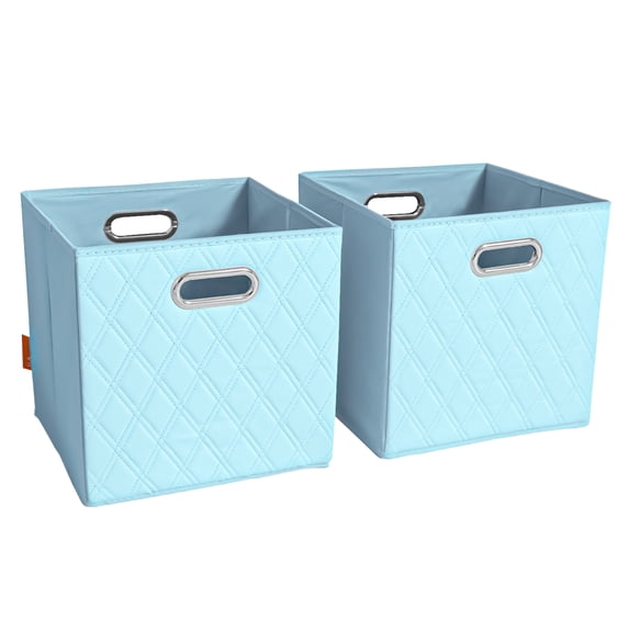 FH Group JIAessentials Set of 2 Collapsible Foldable Diamond Pattern Faux Leather Cube Storage Bins 12 in w Dual Handles for Shelves, Organizers & More Medium