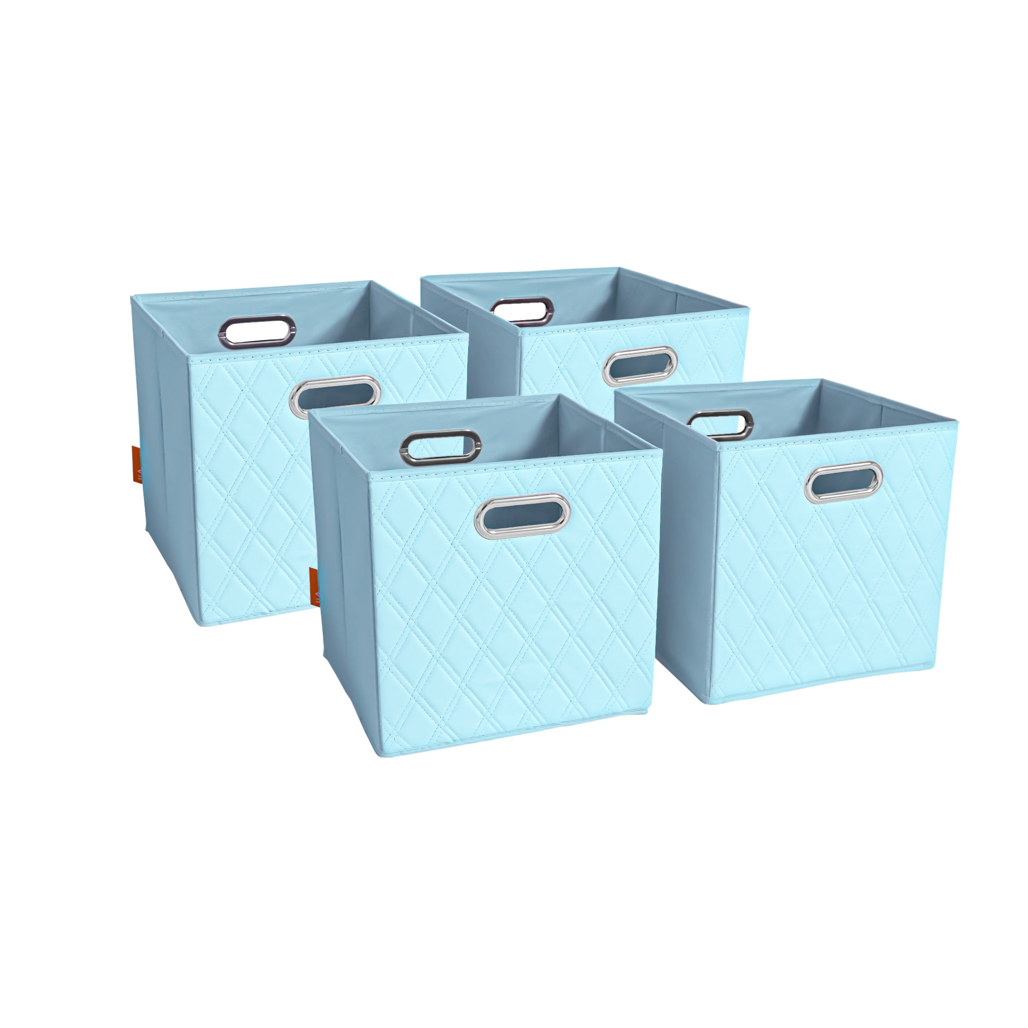 JIAessentials Set of 4 Foldable Faux Leather Cube Storage Bins Collapsible Baskets 12 inch with Dual Handles - Blue Medium
