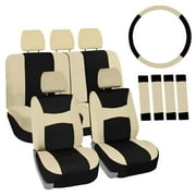 FH Group Light & Breezy Flat Cloth Car Seat Cover, Universal Beige Full Set Seat Covers with Air Freshener